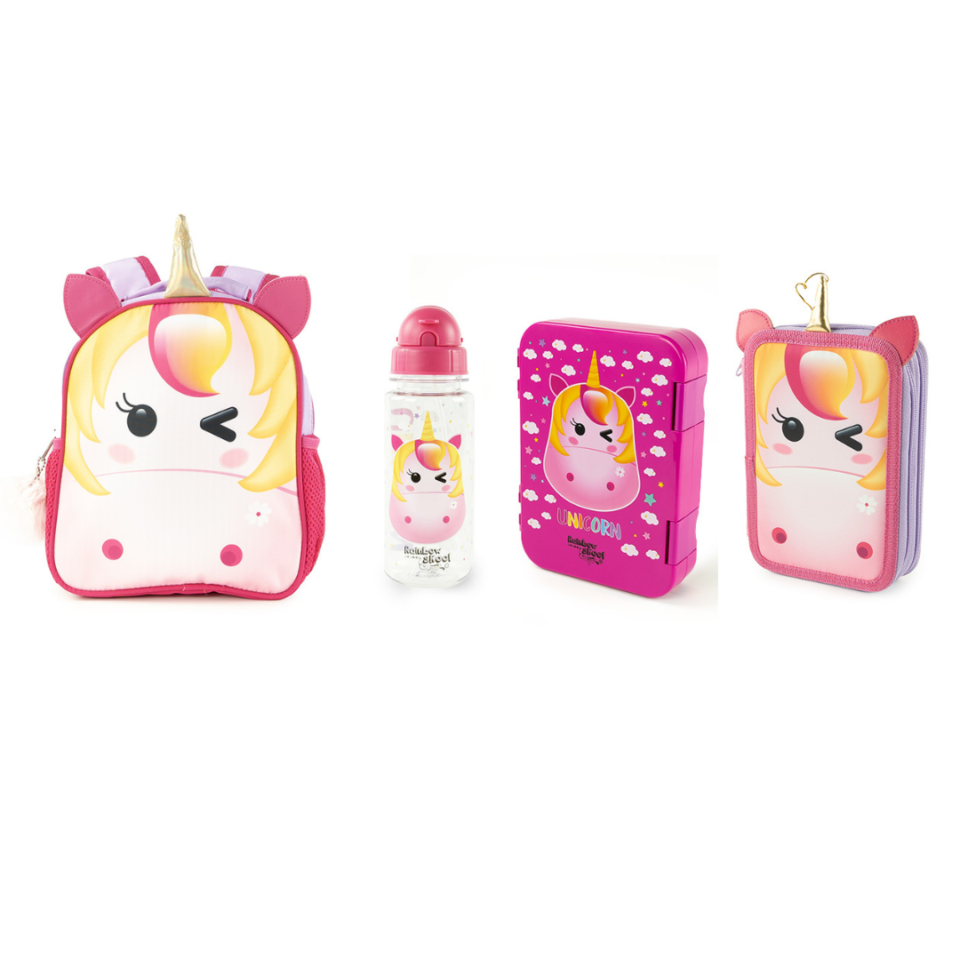 Rainbow Skool - Unicorn Set of 4 - Toddler - Backpack, Stationary Bag, Lunchbox & Tritan Water Bottle