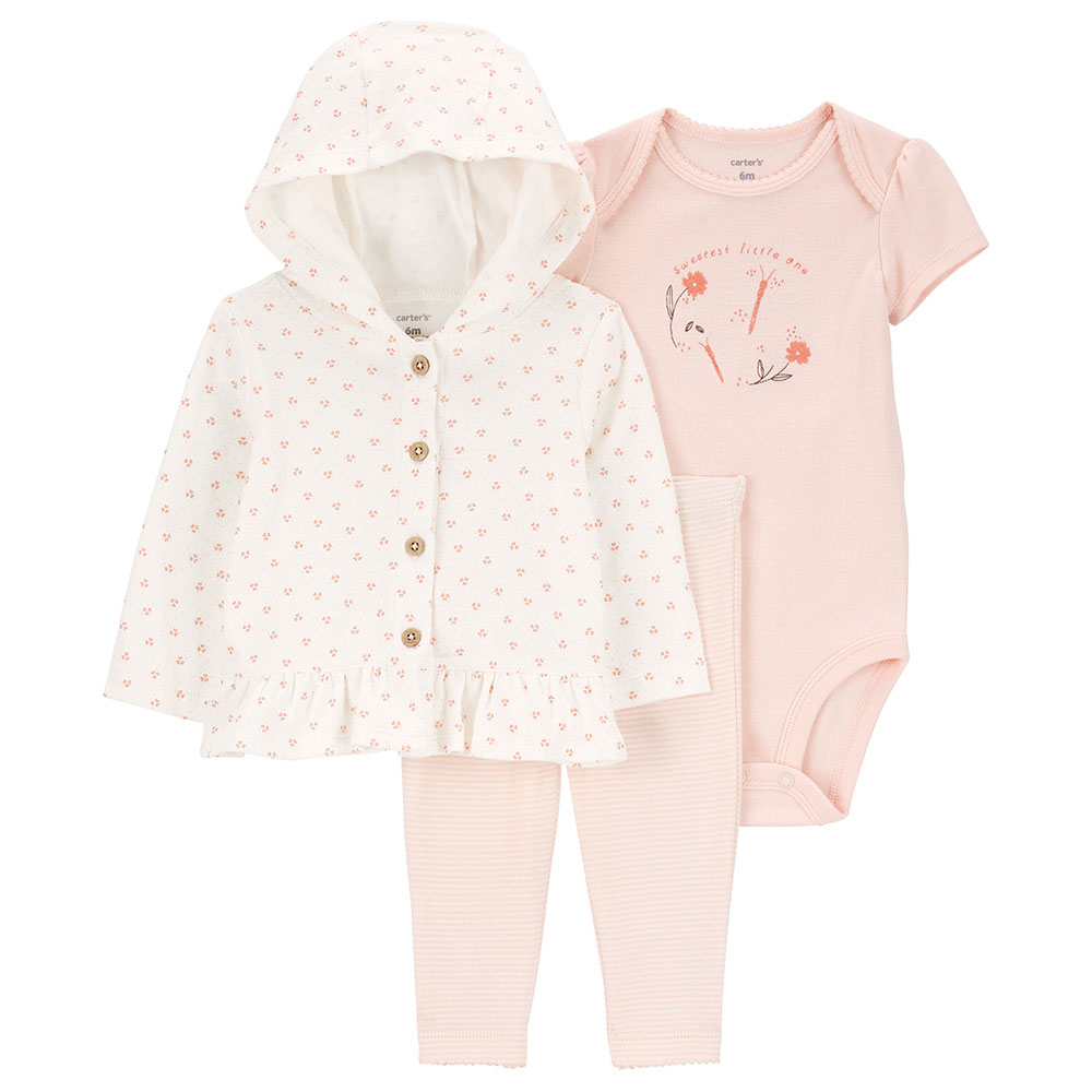 Carters - 3pc-Set - Little Cardigan With Bodysuit & Pants - Pink/White