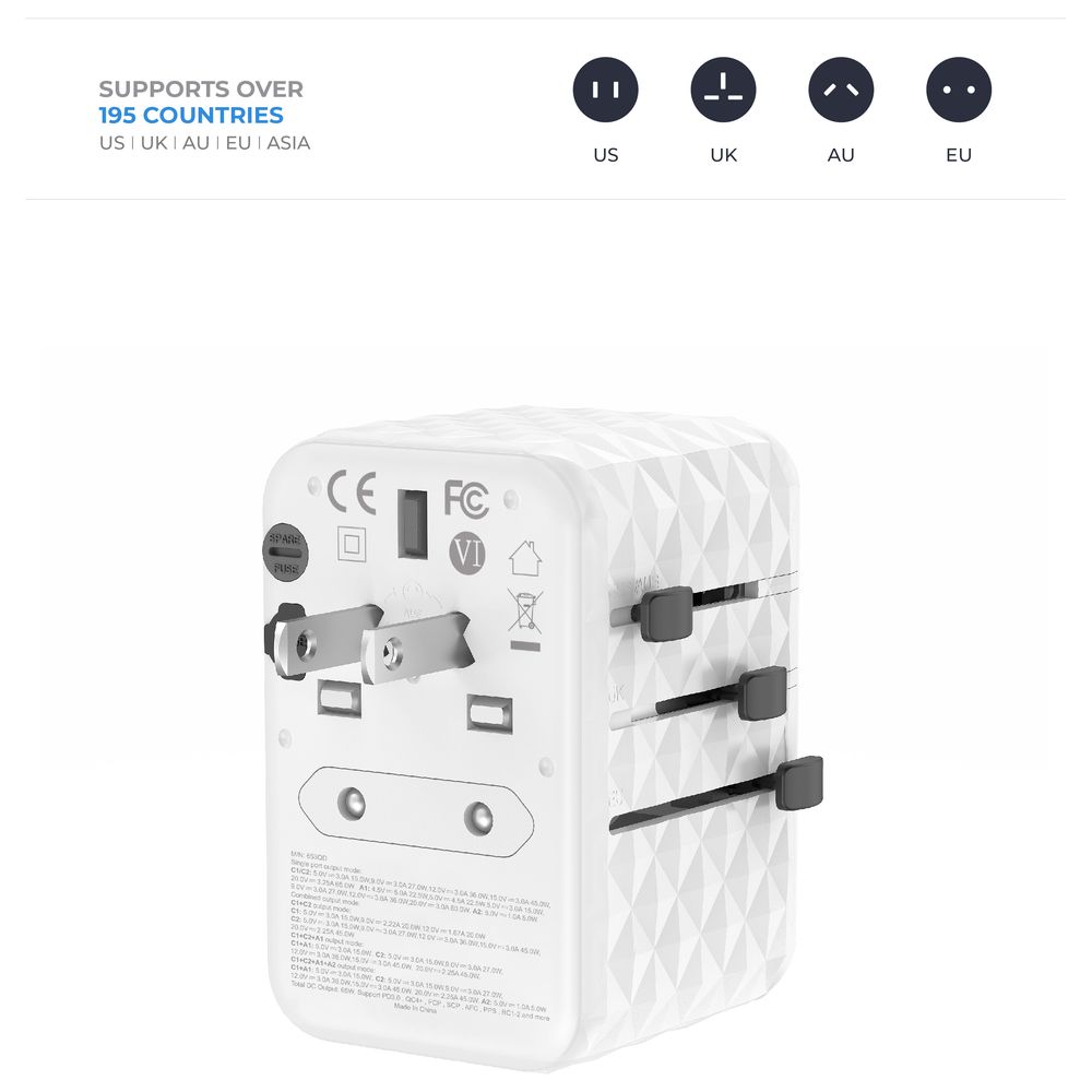 Blupebble - Passport 2.1 World Travel Adapter w/ 2 USB-C & 2 USB-A Ports - White