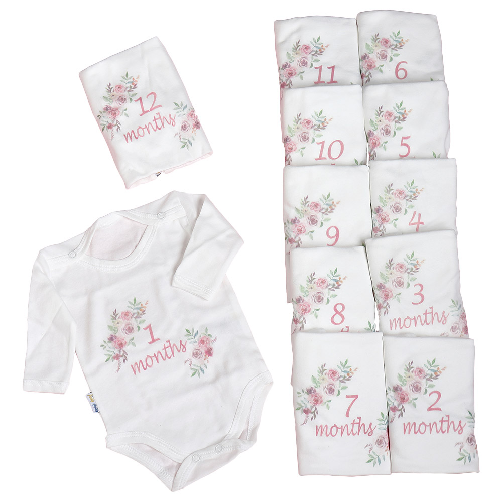 Bokihat - 12pc-Set - Monthly Milestone Flower Print Bodysuit For Girls