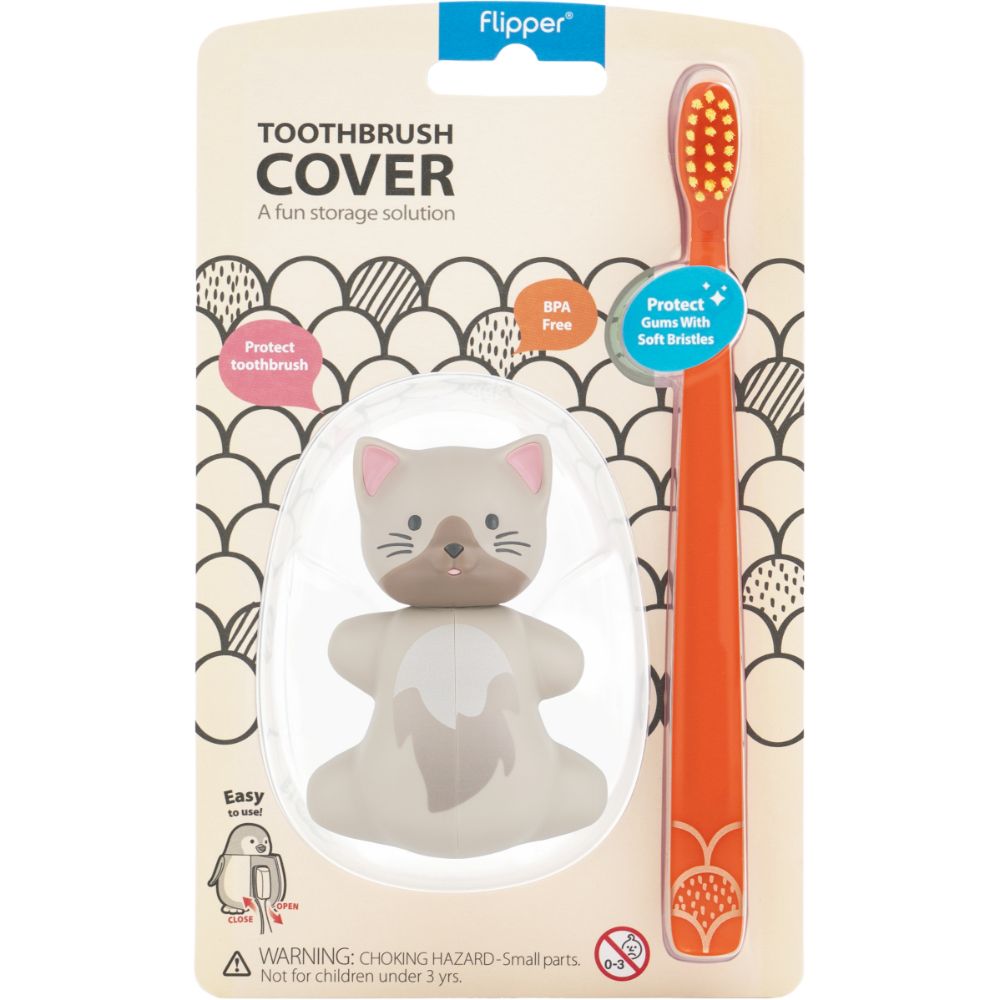 Flipper - Fun Animal Toothbrush W/ Holder for Kids - Cat (Colour May Vary)