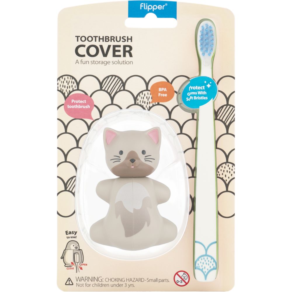 Flipper - Fun Animal Toothbrush W/ Holder for Kids - Cat (Colour May Vary)