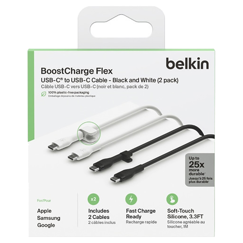 Belkin - C To C 2.0 Silicone Cable - Black/White - 1 m - Pack of 2