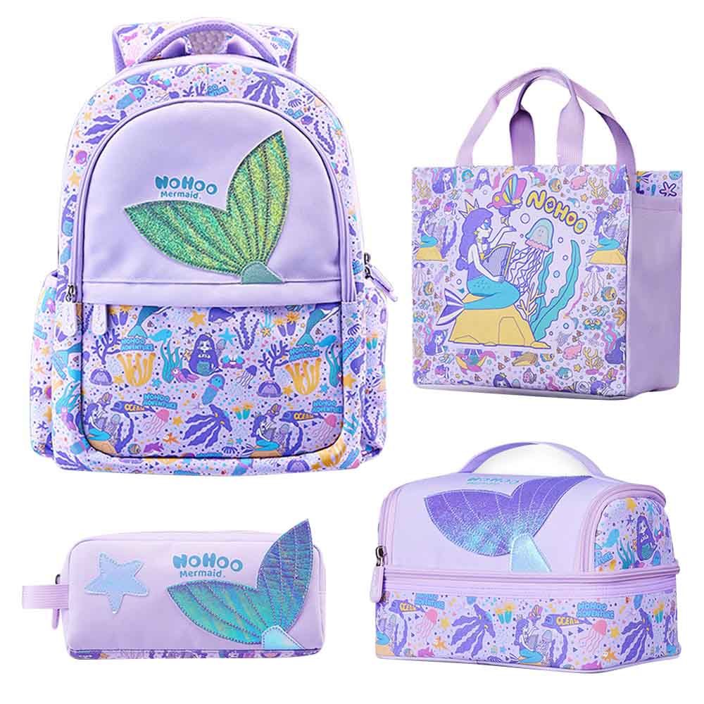 Nohoo - Mermaid Backpack With Lunch Bag Handbag And Pencil Case - Purple - 4pcs - 16.15-Inch