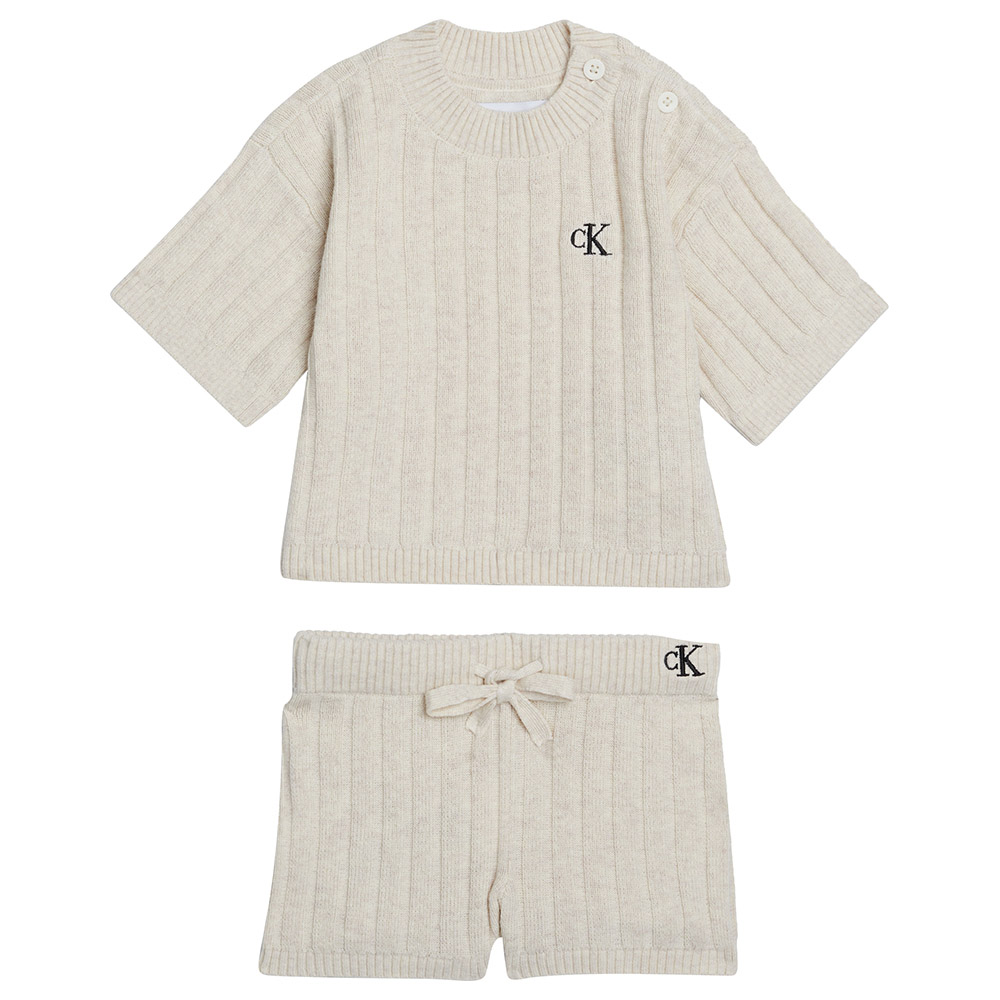 Calvin Klein - 2pc-Set - Linen Blend Knit T-Shirt And Shorts - Beige