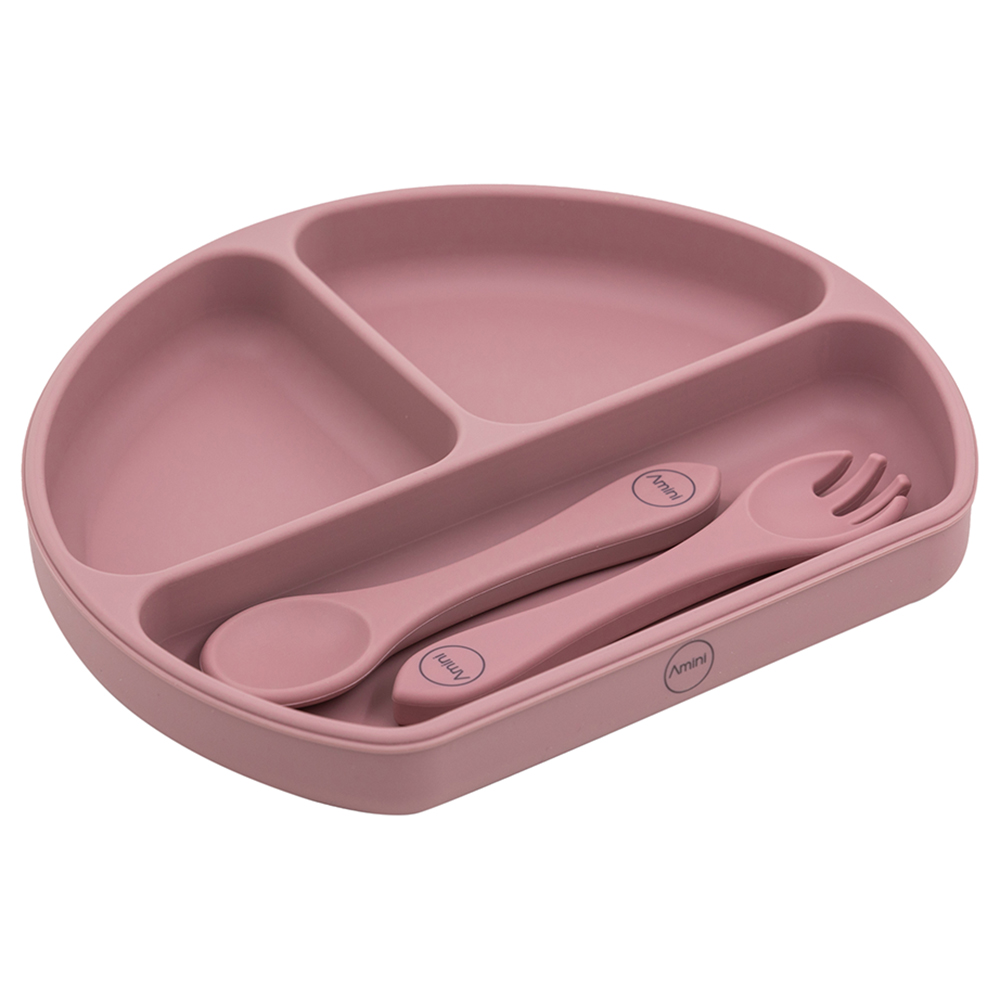 A'ish Home - Covered Grip Plate w/ Spoon & Fork - Dark Pink