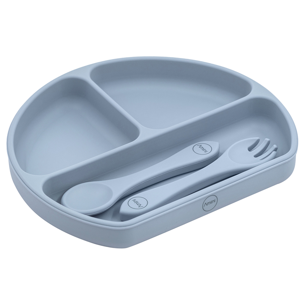 A'ish Home - Covered Grip Plate w/ Spoon & Fork - Dusty Blue