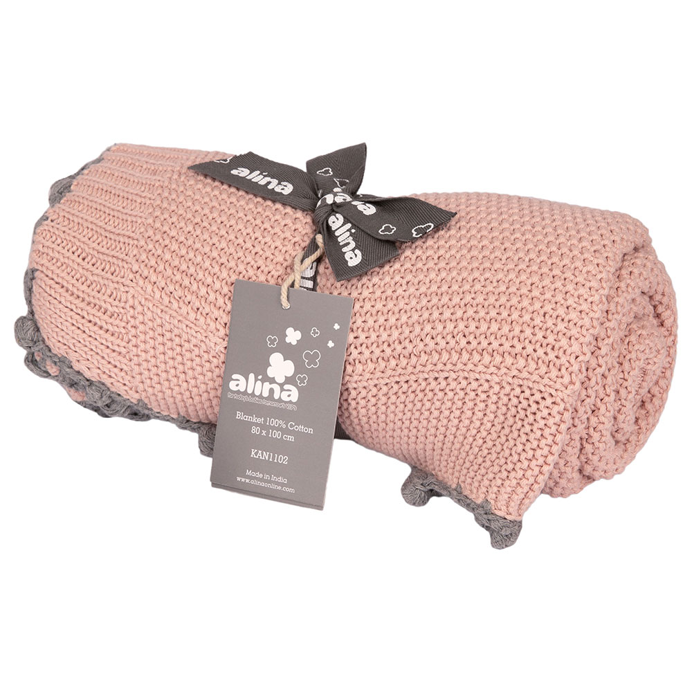 Alina - 100% Cotton Knitted Mini Moss Stitch Blankets - Pink Pearl