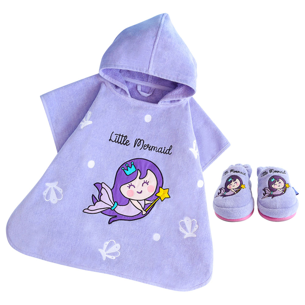 Milk&Moo - Kids Poncho And House Slippers - Little Mermaid - 2pcs