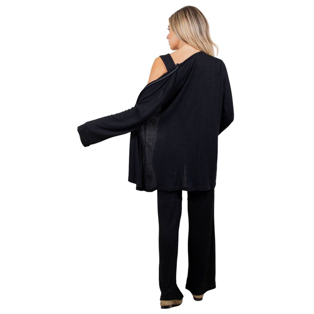Oh9shop - 3pc-Set - Cloe Ribbed Cardigan w/ Top & Pants - Black