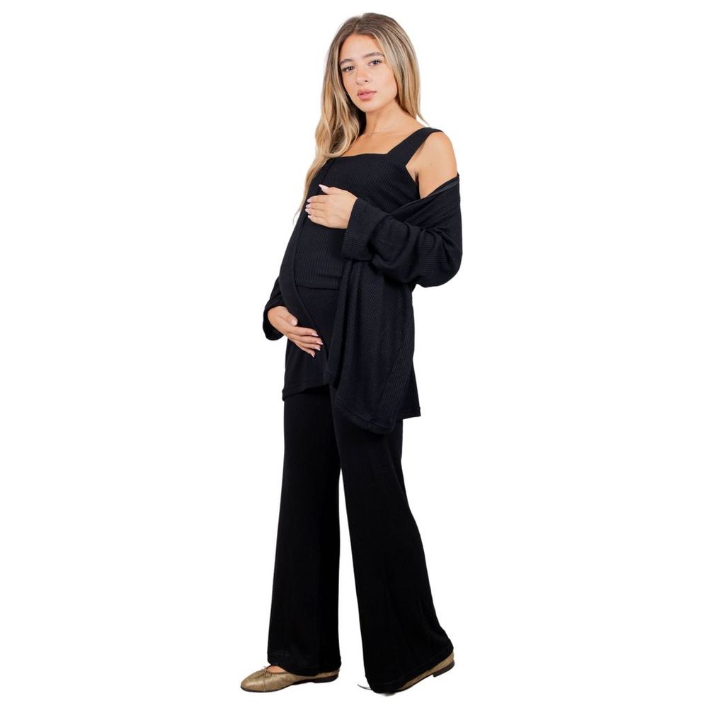 Oh9shop - 3pc-Set - Cloe Ribbed Cardigan w/ Top & Pants - Black