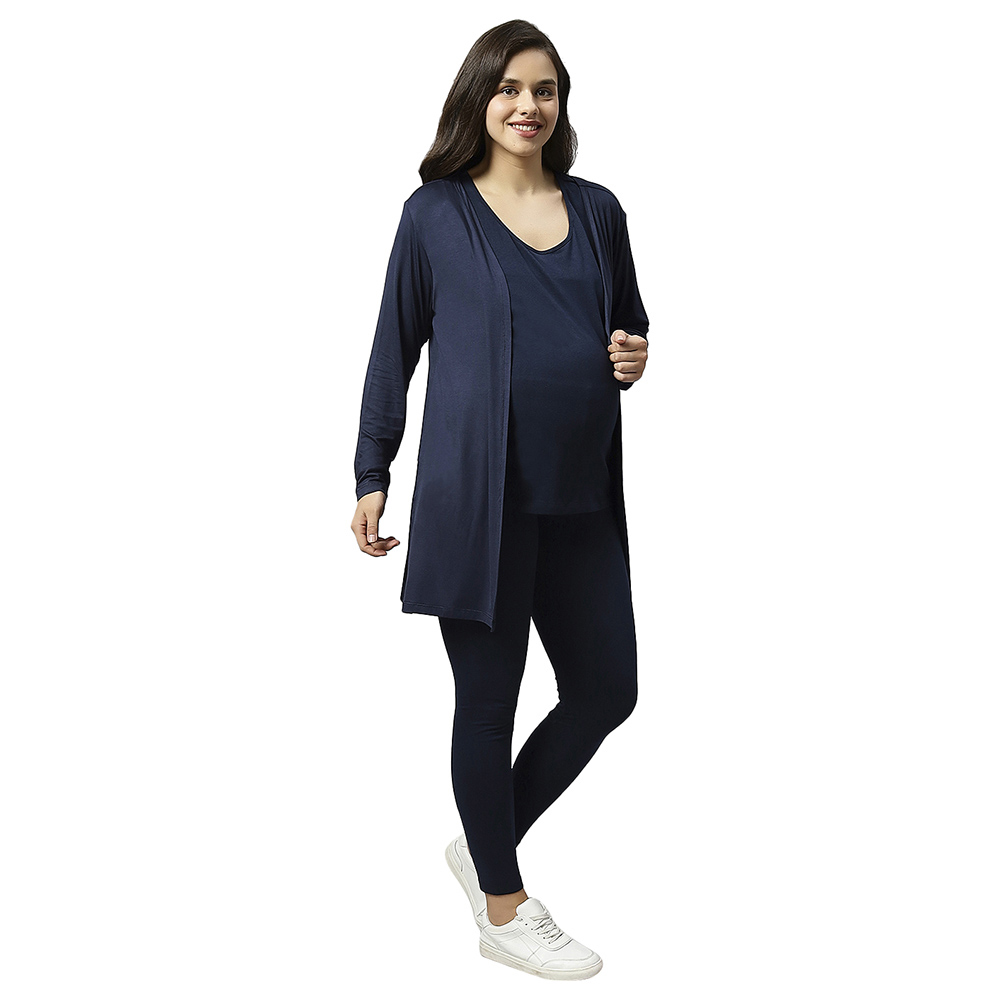 Tummy - Maternity Full Sleeves Open Front Long Shrug - Dark Blue