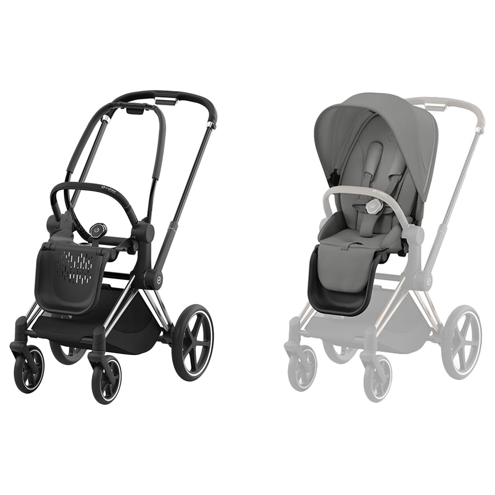 Cybex - Hardpart Priam Frame - Chrome Black With Priam Seat Pack - Soho Grey